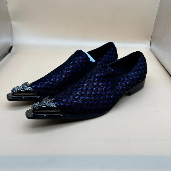 Santimon Men's US 9.5 Black/Blue Leather Metal Tip Western Loafers Dress Shoes